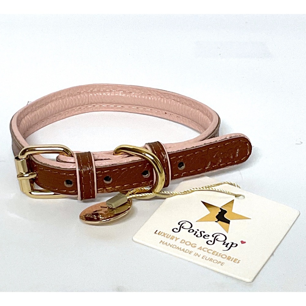 Poise Pup Bella Rose Brown Pink Padded Leather Dog Collar Medium Gold Hardware